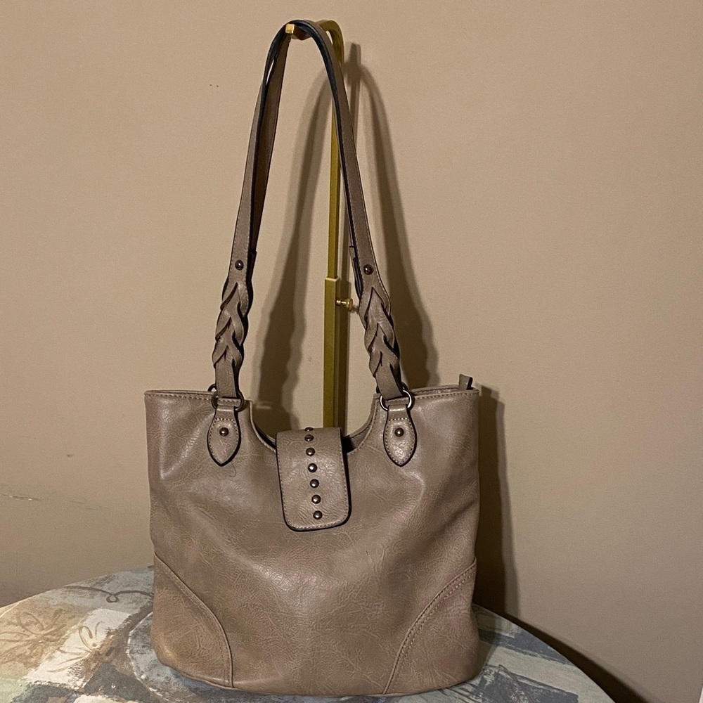 Sam & Hadley Braided Handle Taupe Shoulder Bag with Gunmetal Hardware